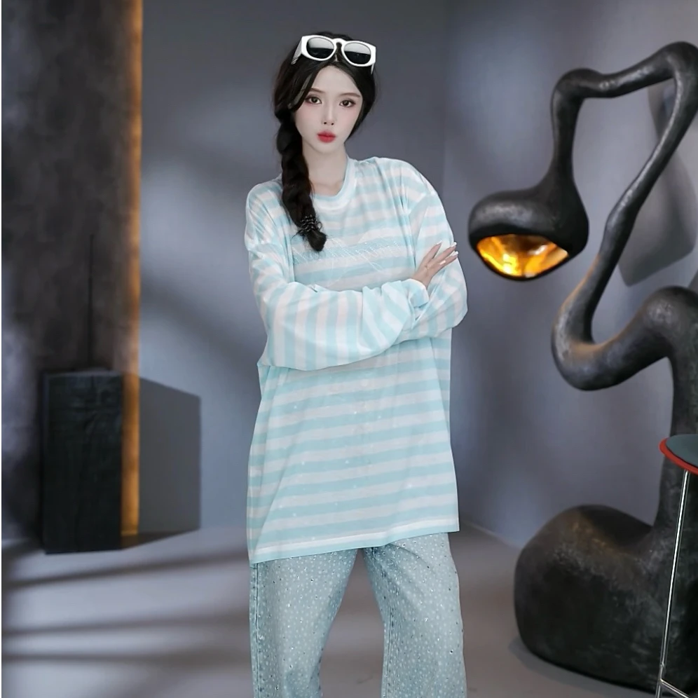 【上新】25N秋新款轻奢高级感美式街头潮流双色条纹长袖T恤 154092