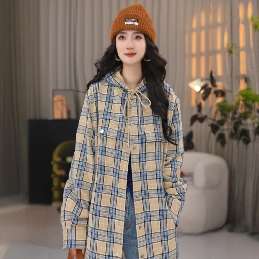 AMASS/阿玛施秋冬经典格纹复古时尚保暖宽松连帽棉服外套女540065