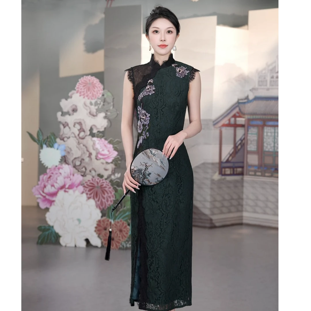 SUSSI/古色"紫荆“设计师立领小飞袖蕾丝旗袍裙