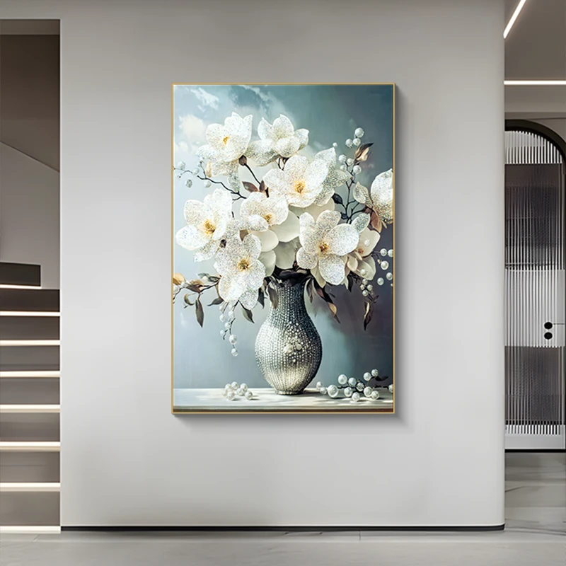 现代简约餐厅晶瓷镶钻装饰画轻奢大气过道走廊楼梯挂画花瓶80120