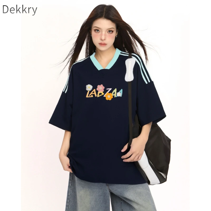 Dekkry美式彩色字母印花三条杆短袖T恤男春夏季休闲时尚重磅纯棉