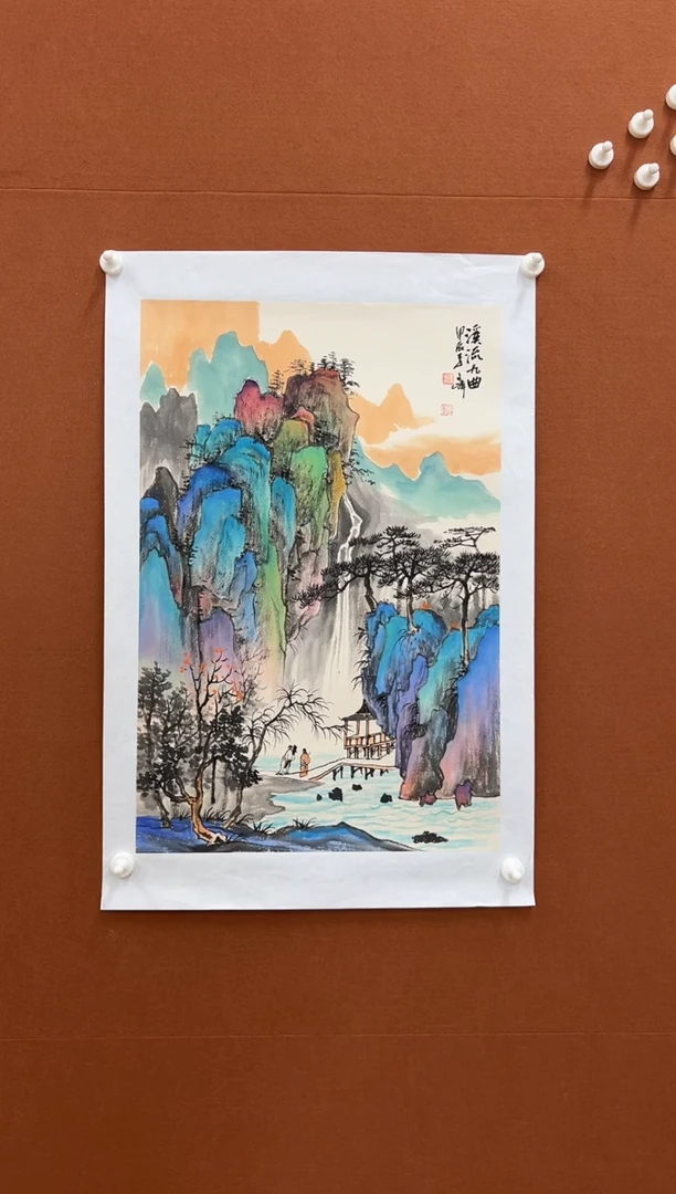 国画李文峰四尺三开重彩山水