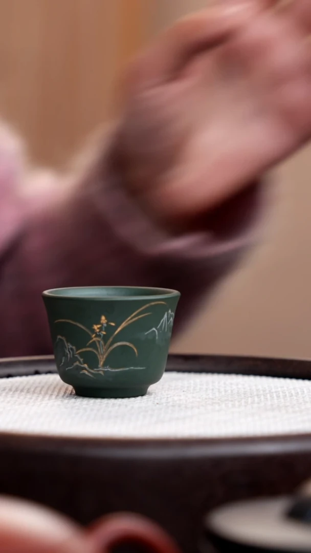 【闪购商品】紫砂茶壶民国绿主人杯描金兰花
