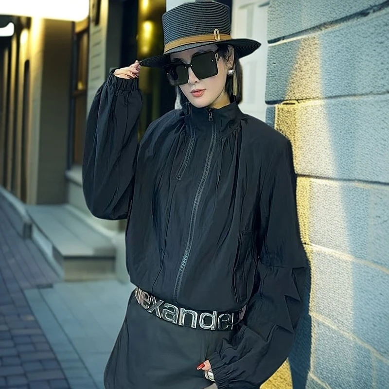 仙姐姐双拉链短外套运动休闲黑色春季立领设计师