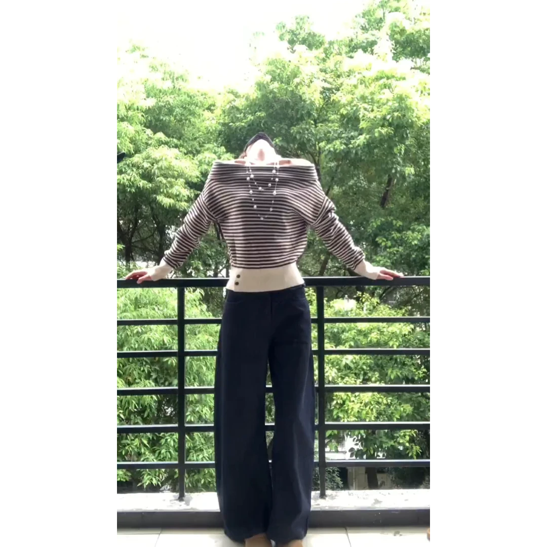 韩系复古假两件条纹针织衫女窄版遮胯阔腿裤女装两件套