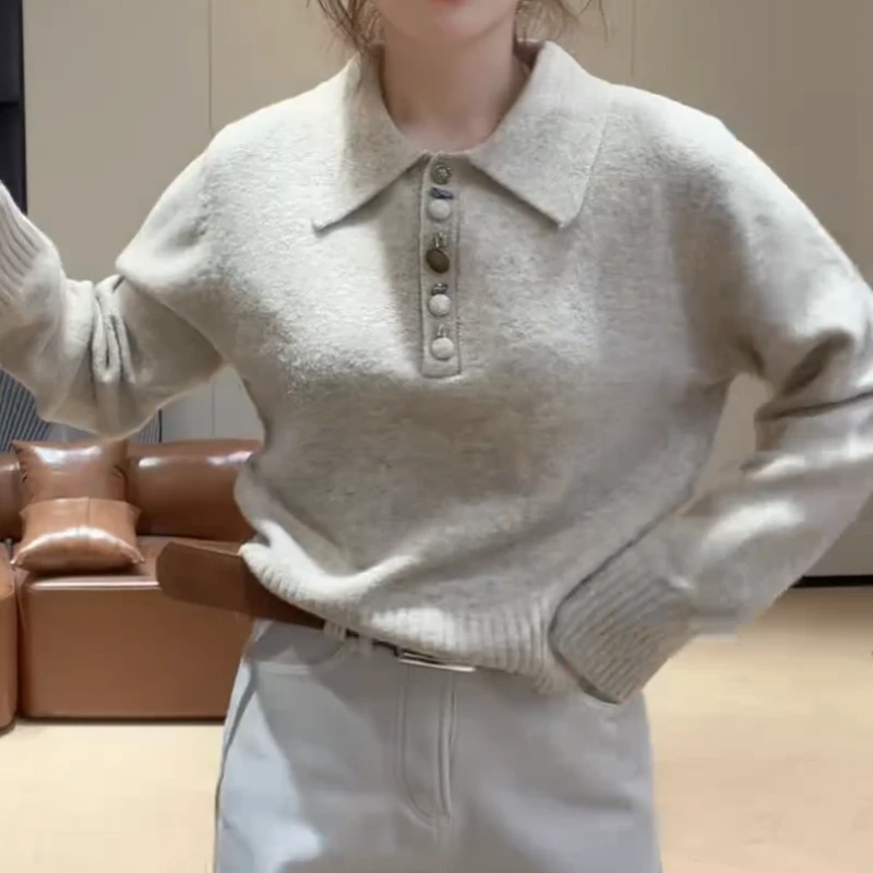 冬季简约韩特色纽扣软糯打底Polo领长袖时尚针织上衣LK2507778