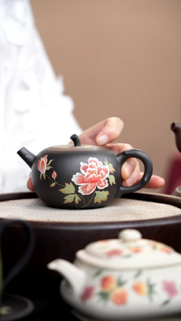 茶壶紫砂云雾天青苹果泥绘牡丹