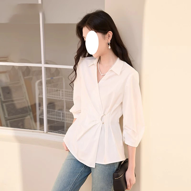 法式白色衬衫女春季新款衬衣不规则设计v字翻领掐腰上衣
