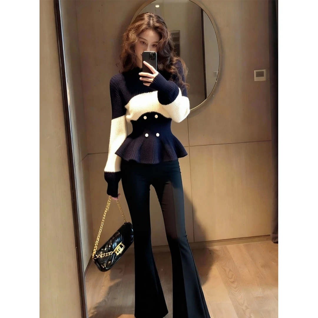 冬季韩系氛围感穿搭高级感巨好看洋气减龄小众不撞款拼色针织衫女