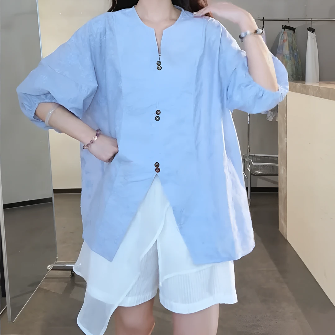 小微家夏季新款法式蓝色刺绣开叉V领短袖衬衫女宽松显瘦百搭上衣