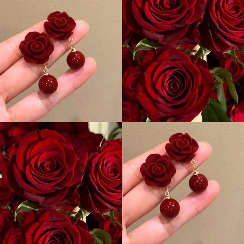 合金耳饰 红色植绒玫瑰花耳钉女复古港风独特高级感珠珠流苏耳饰