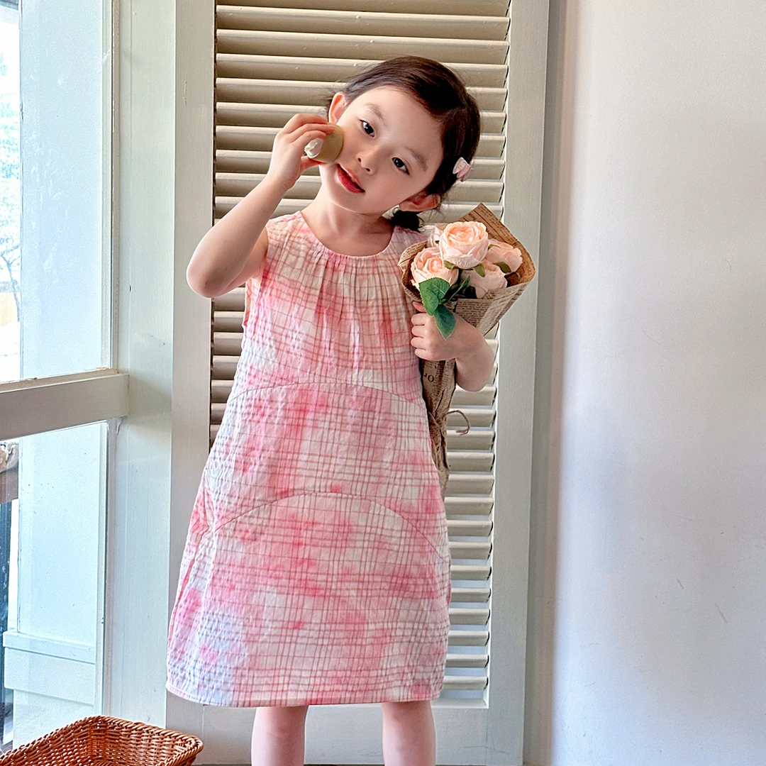 现货【慕心】5519女童连衣裙甜美洋气可爱粉色扎染格纹无袖背心裙