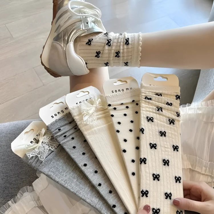 白色花边袜子夏季薄款女网眼镂空中筒袜蝴蝶结波点夏天堆堆袜LQ
