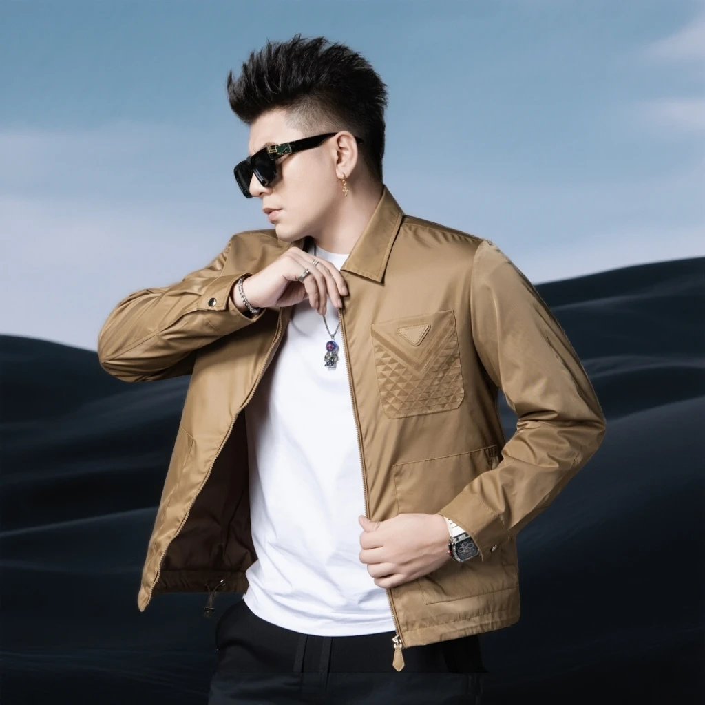 巴赛娜缇新款男士商务休闲外套秋季时尚翻领夹克男款口袋装饰上衣