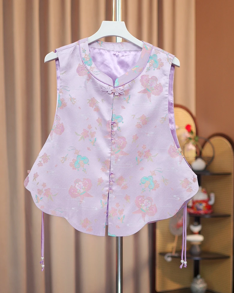 《紫嫣》宋锦圆领马甲纸样图纸花瓣下摆前开襟用盘扣新中式背心
