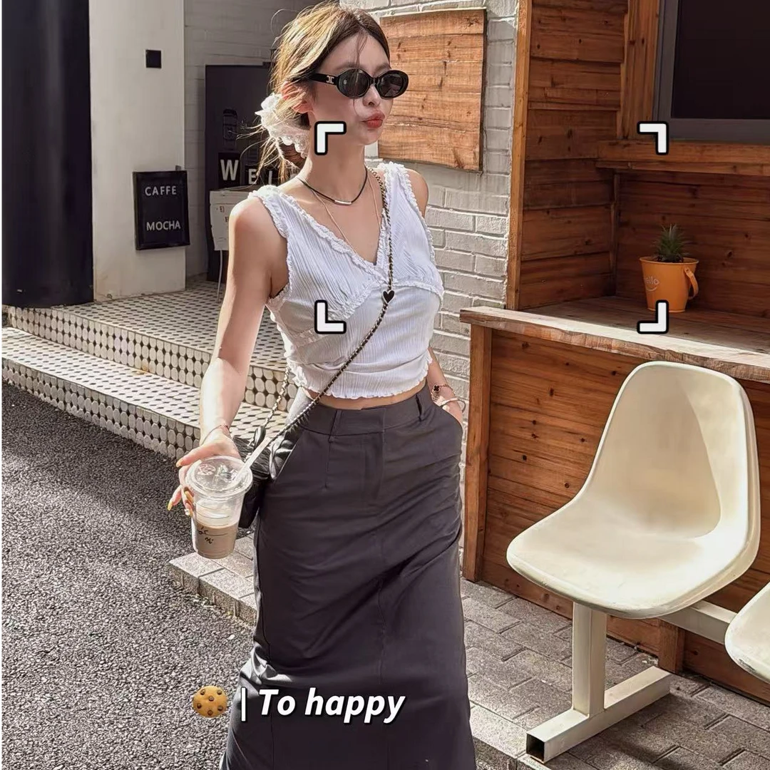 【YKL】低调赴约 白色木耳边背心/灰色高腰显瘦半身裙