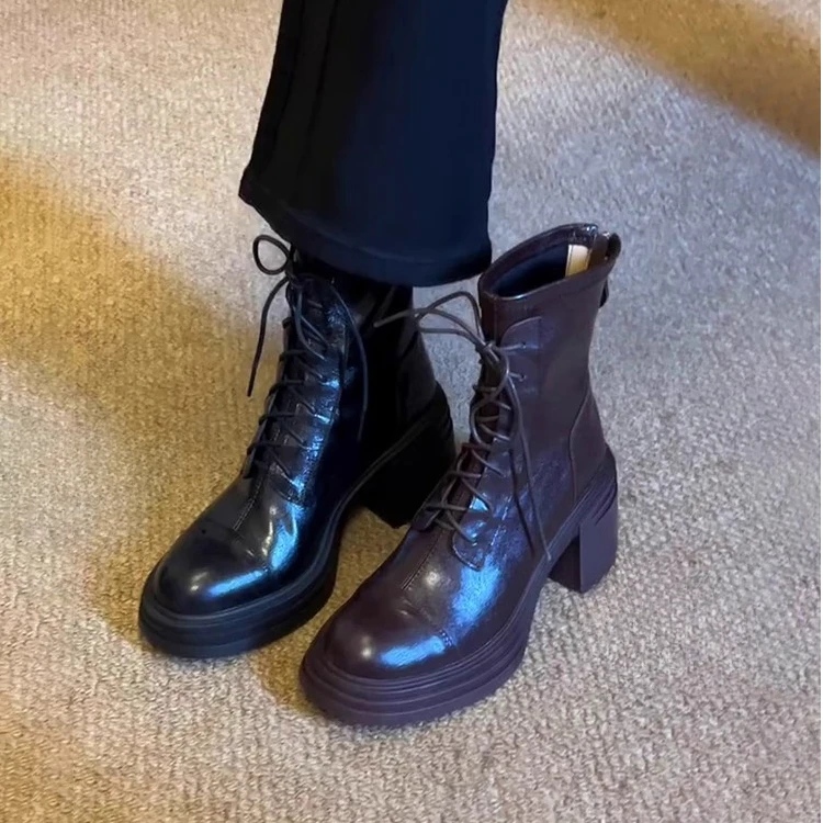 森唔~羊皮小个子增高马丁靴女复古系带后拉链马丁靴6cm弹力短靴