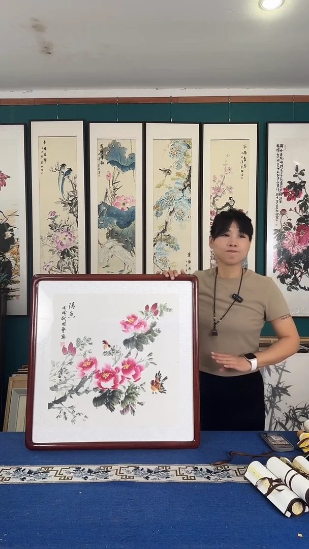 国画牡丹 实木装裱 63*63