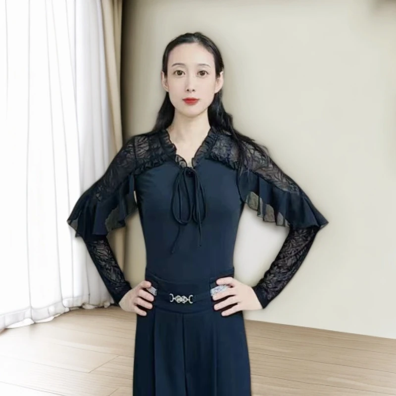 欢舞阁广场舞摩登舞吉特巴舞蹈服蕾丝气质木耳领长袖女舞衣A0768