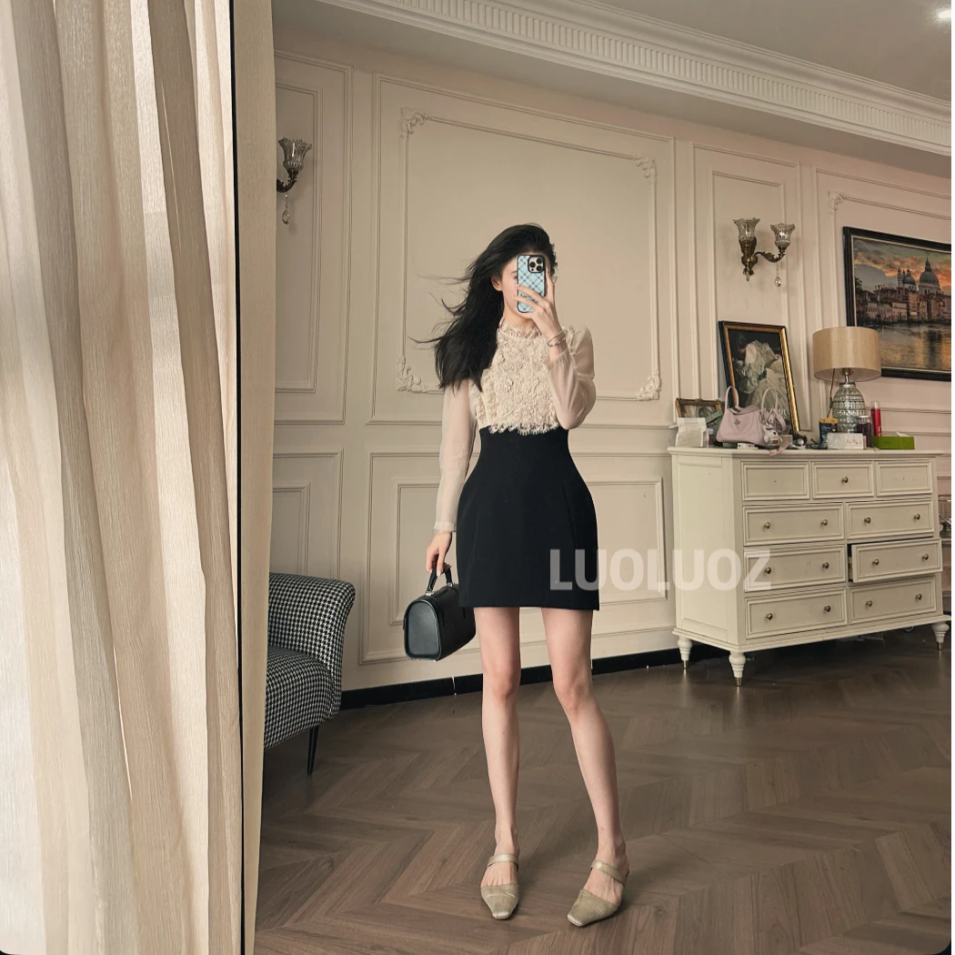 【现货】LUOLUOZ【露丝花语】气质撞色轻奢秋季收腰短款连衣裙JF1001