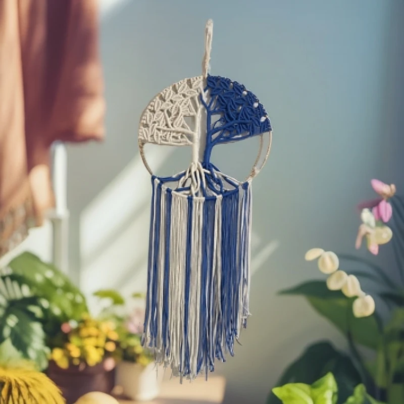 手工编织双拼色生命树挂毯挂件北欧风格客厅墙面装饰流苏挂饰