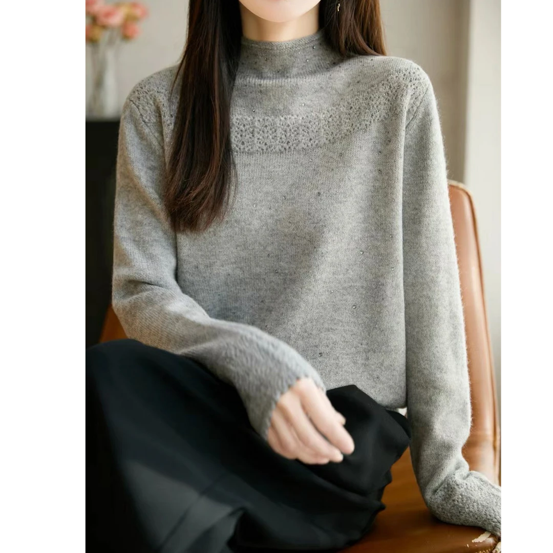 秋冬烫钻设计感半高领毛衣洋气百搭纯色毛衣针织衫451/AS
