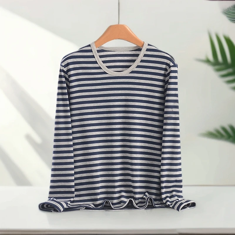 外穿百搭上衣秋季新款黑白条纹打底衫女大码胖mm显瘦休闲长袖T恤