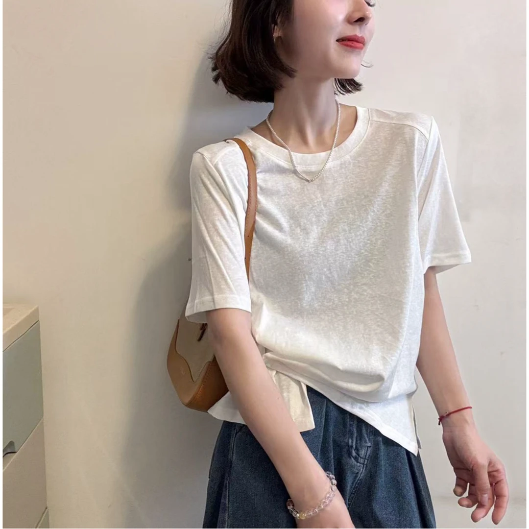 HMY 30503 韩国小众侧开叉钮扣短袖t恤女简约宽松显瘦上衣打底衫