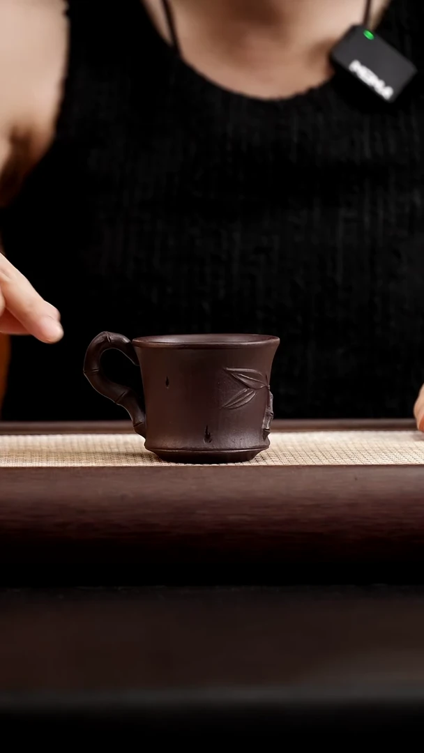 茶壶紫砂老紫泥竹节把杯