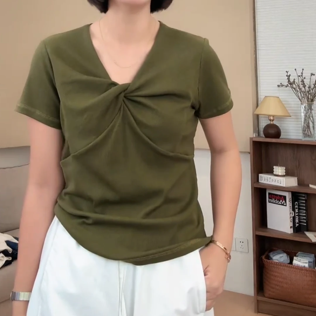 【天鹅颈】凉感舒爽~夏季新款螺纹V领扭结简约设计百搭T恤LK2504991