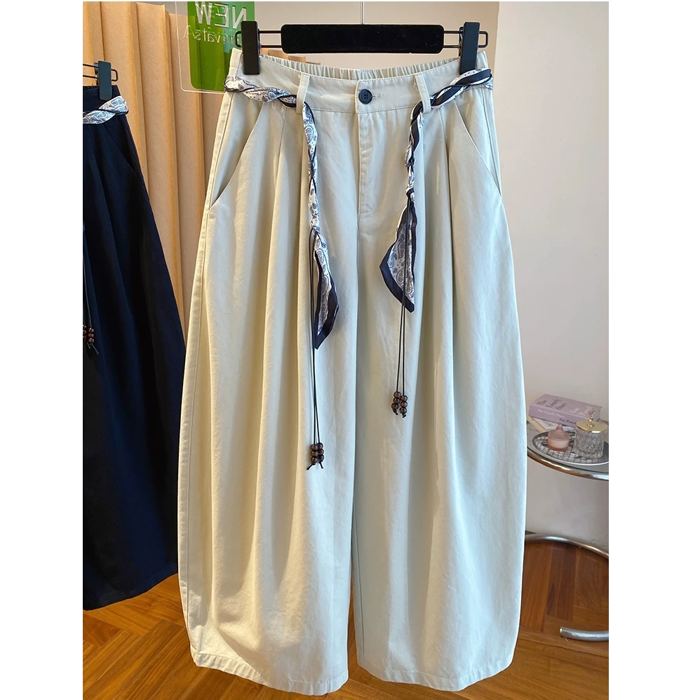 设计感高腰休闲阔腿裤女秋装2025新款宽松百搭丝巾腰带休闲裤子
