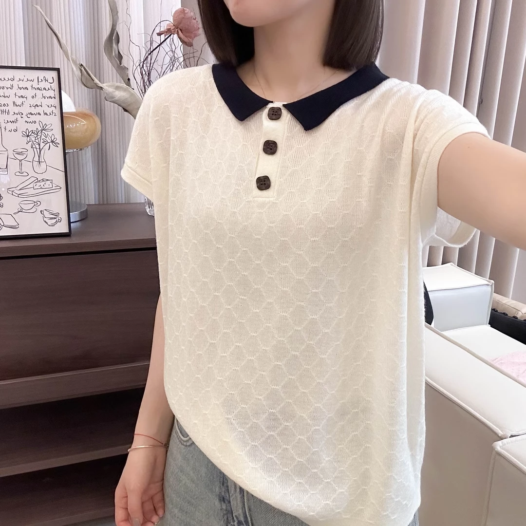 经典撞色纽扣翻领冰丝短袖t恤女夏季新款宽松气质显瘦上衣薄款