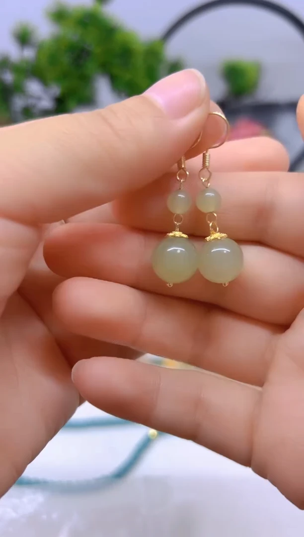 和田玉14K金镶嵌耳饰E774