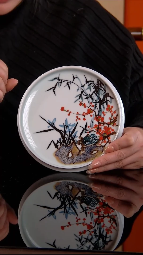 李华手绘釉中五彩梅兰竹菊壶承