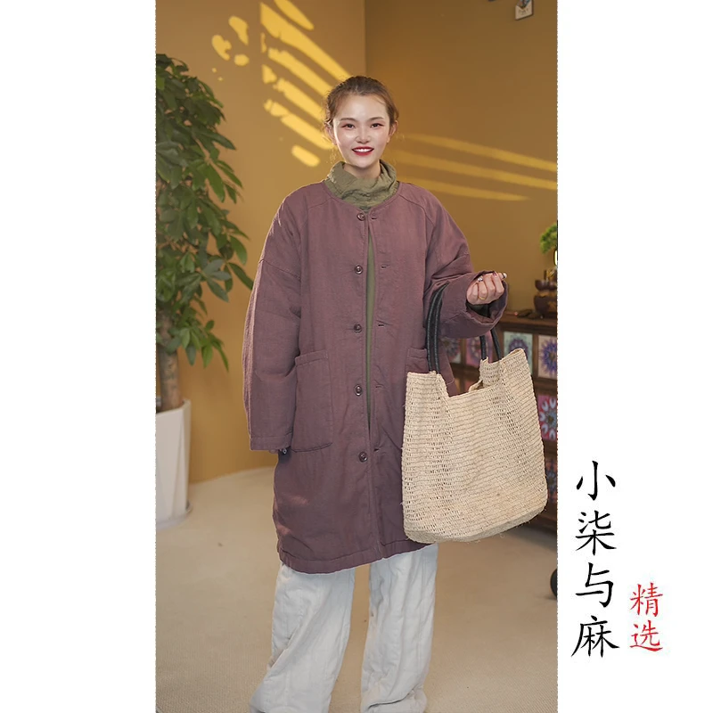 【小柒推荐】100雨露亚麻圆领中长款风衣外套（衣长85胸围148）1192