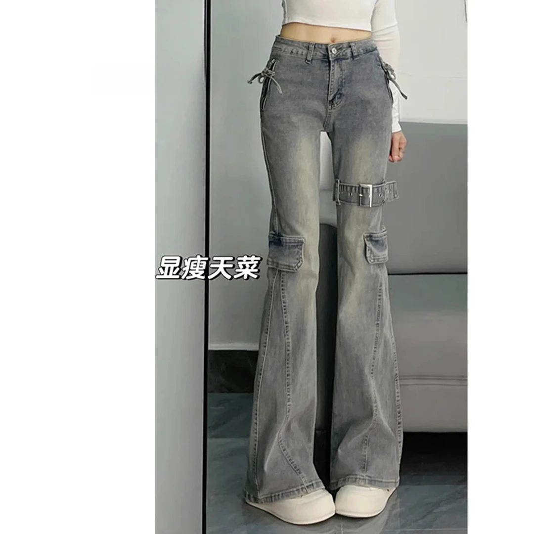 复古重工皮带拼接设计微喇牛仔裤女2025春季新款修身显瘦马蹄裤子