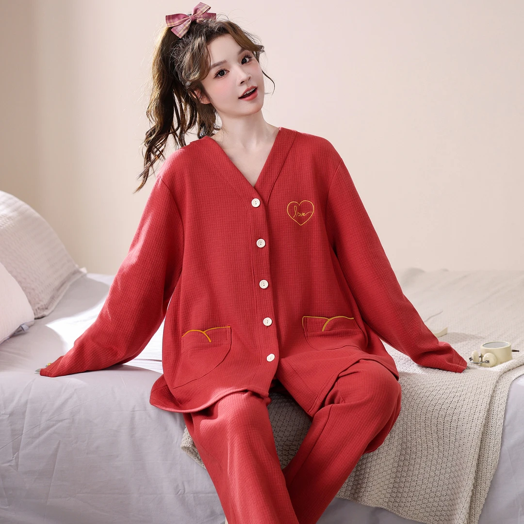 春秋红色大码纯棉睡衣本命年结婚家居服全棉厚款女200斤加肥加大
