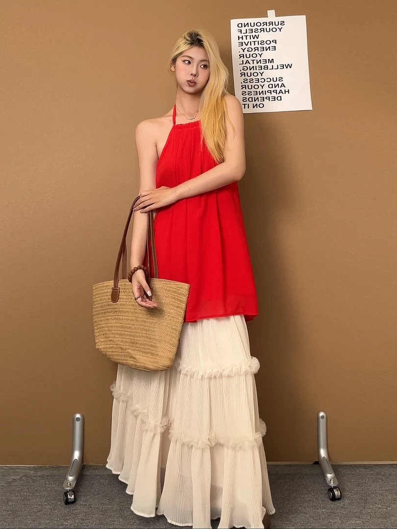 2025夏季新款宽松显瘦气质吊带背心上衣女时尚高腰半身裙套装