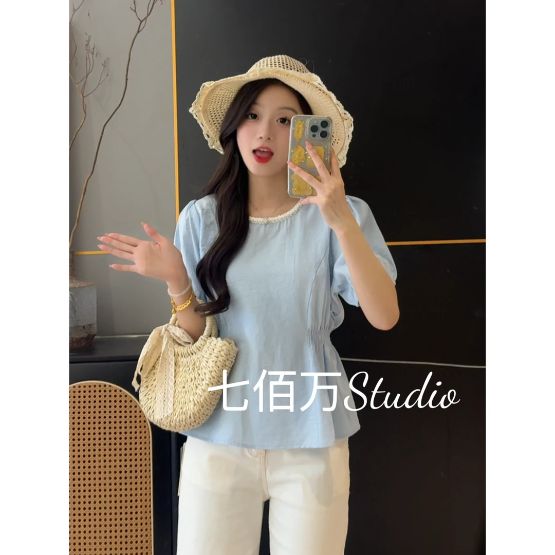 【欧加恋恋】2025夏季新款气质显瘦珍珠领收腰短袖衬衫Y25050930