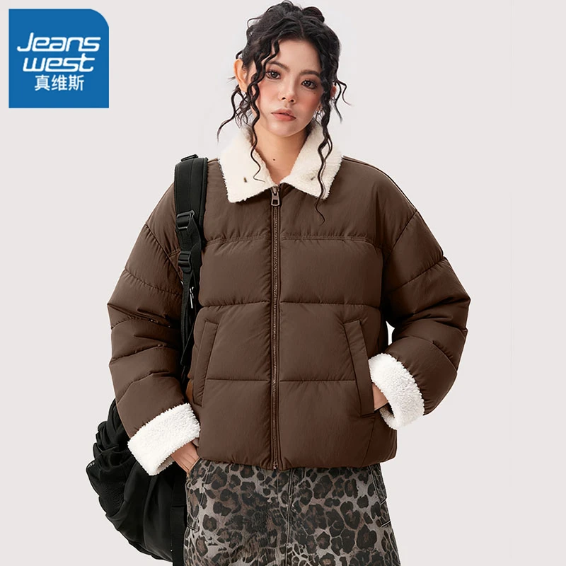 真维斯2026冬季咖色立领开衫抽绳棉衣棉服女面包服短款棉袄外套新