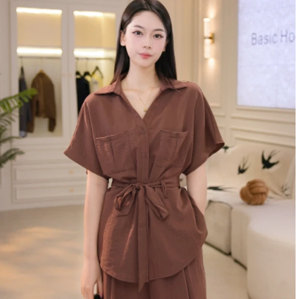 Basic House/百家好CSM夏季显瘦百搭高腰绑带上衣阔腿裤套装-测