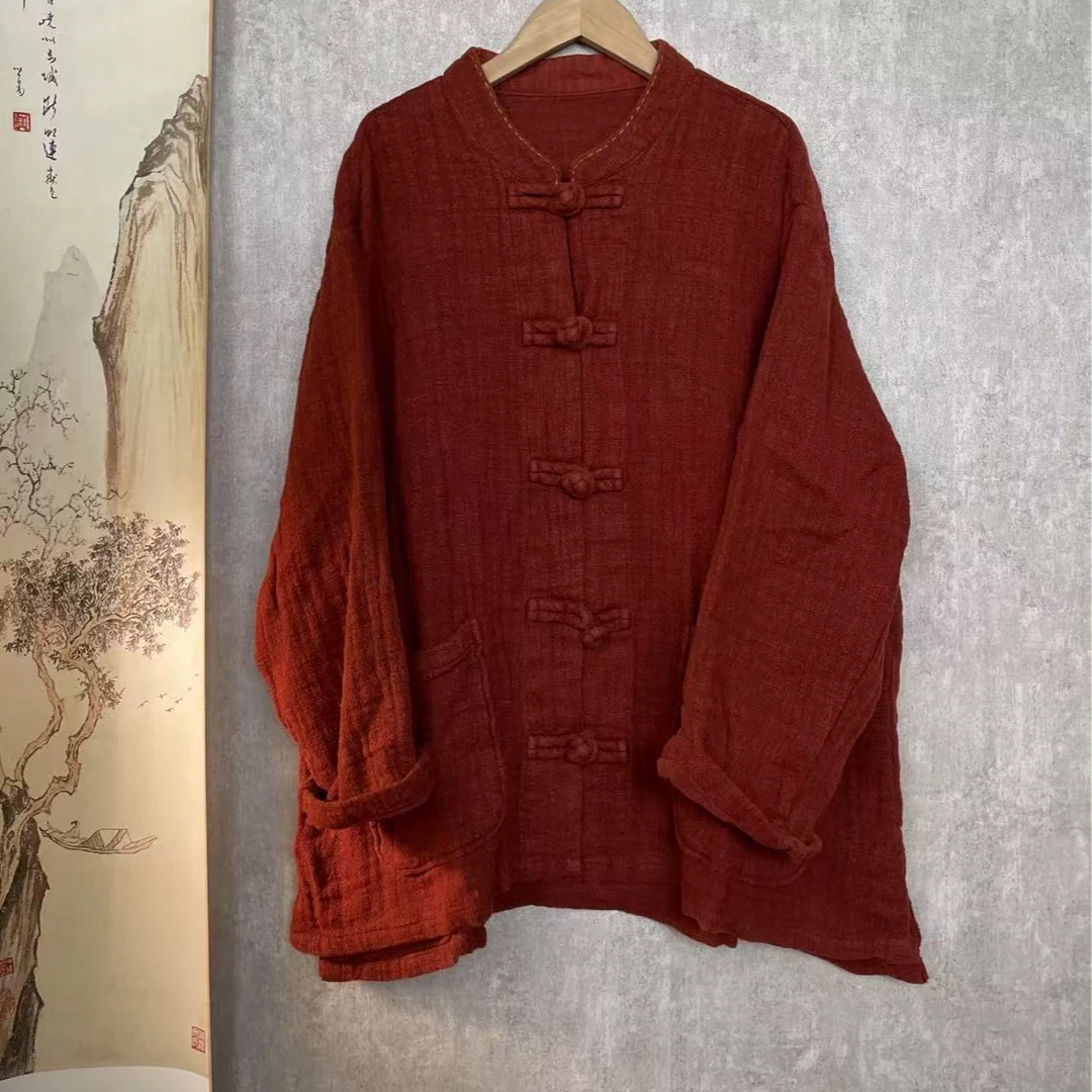 芬雅春款亚麻复古炒色中式盘扣对开襟开衫外套