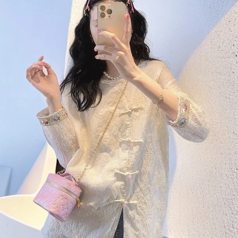 2024新款古风蕾丝打底衫显瘦气质长袖新中式复古宽松中国风设计感