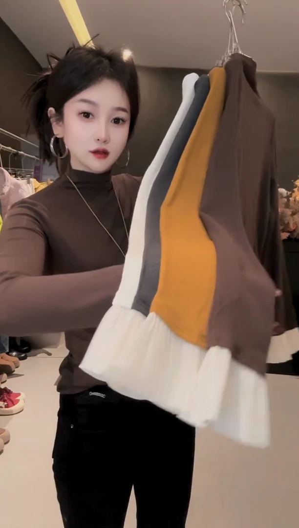 2025秋冬新款简约气质拼接花边半高领修身显瘦长袖打底T恤上衣女