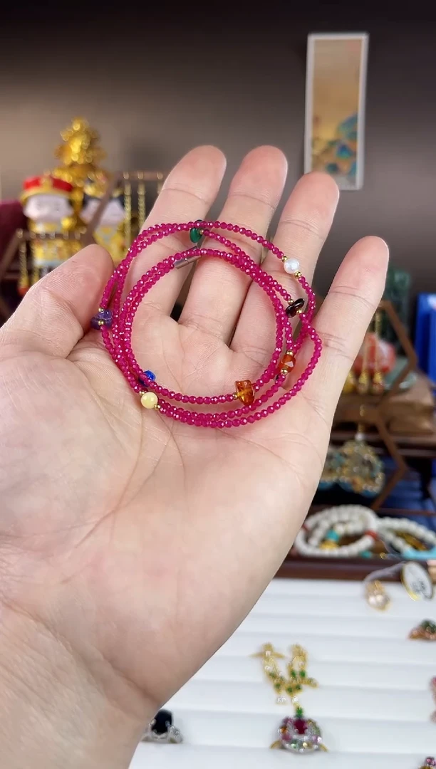 未镶嵌手链红宝石棉*糖，红宝石多圈手串