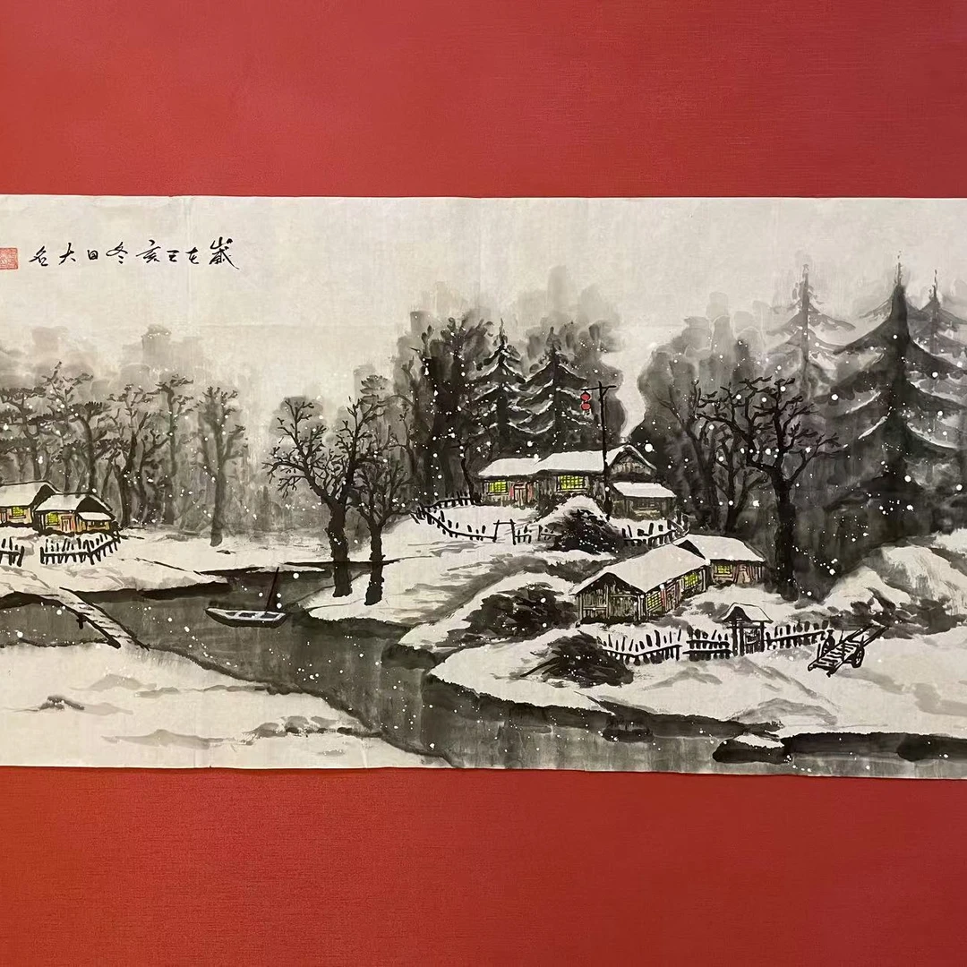 冬季村庄溪水树林装饰画