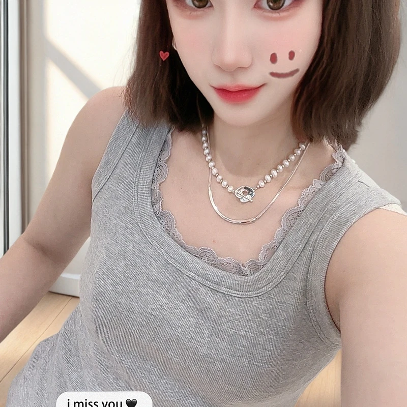 春季新款时尚百搭蕾丝U型领口女士宽肩带竖纹内搭背心3357