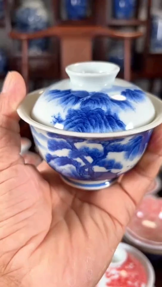 柴窑青花山水两才盖碗