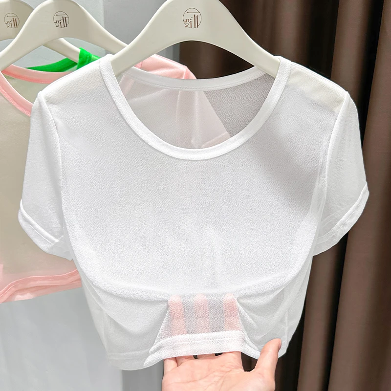 轻薄网纱微透宽松上衣女新款休闲外穿小圆领冰丝正肩短袖t恤罩衫