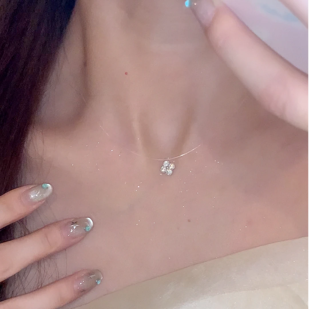 芒果饰品 铜合金锆石项链 夏日闪锆四叶花鱼线项链女轻奢锁骨链
